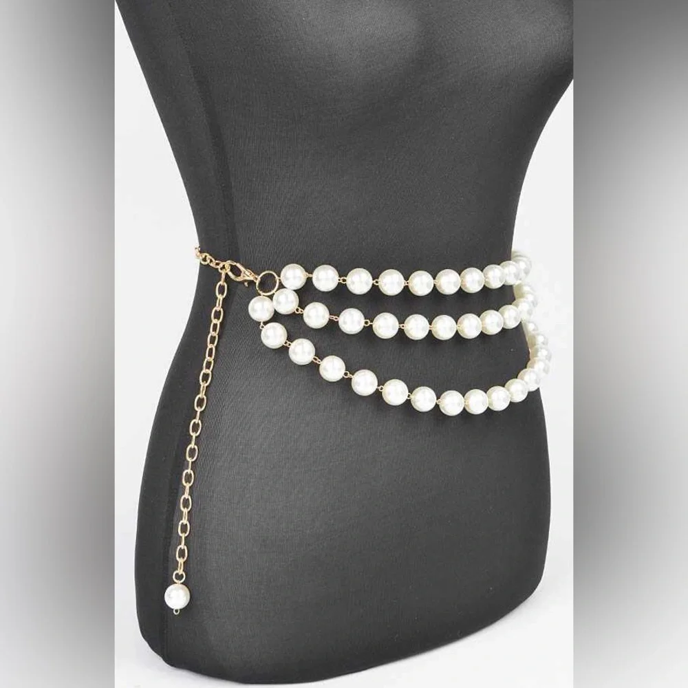 Gold Metal & Pearl Layer Statement Adjustable Chain Belt
